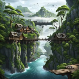 rany day, close ap a visible from the side one massive wooden bridge connects the over two gorge, between two tall rocky shores, sprawling, tall thick alien trees on both shores, log wooden houses in the distance in the background, rainy landscape, lush vegetation , massive trees,, high detailed, fantasy, high photorealistic, cinematic