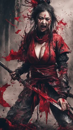 Tall girl samurai, face distorted with pain, screaming, tears streaming from eyes, siting pose, fullbody, splashes blood, behind guts rising from the ground, intricate, darkred tones, macro photography,