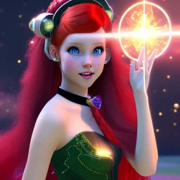 Pretty teenage girl with red hair who is dressed like a space witch casting a spell, girl has green eyes, background is realistic space renditions, wearing a black emo dress, full body portrait, rendered, unity 3d, unreal engine, dslr, hdr, 4k, edited, photorealistic, normal number of appendages, hands hidden