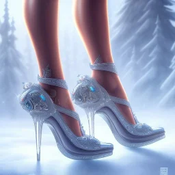 cinderellas high heel crystal glass shoes ,magical, snow, sharp, intricate ornate, elegant, highly detailed, transparent, artstation, concept art, smooth, sharp focus, illustration, 8k,epic fantasy, iridescent accents