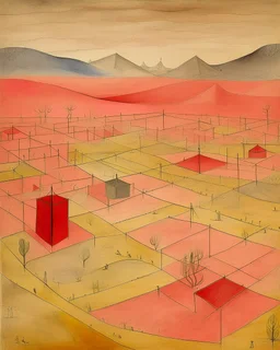 A light red desert with a military base painted by Paul Klee