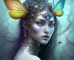 Beautiful mystical butterfly portrait, dark fantasy, romanticism, acrylic paint, chinese painting, magazine, highly detailed, ethereal, otherworldly, backlighting, rays of shimmering light, persian empire, artstation, silver, purple, black, teal, aqua, yellow, olive, vibrant, intricate,