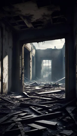 The frame opens onto abandoned ruined buildings, an atmosphere of horror