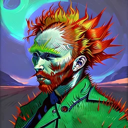 NFT, Red self portrait punk Vincent van Gogh, red spikey mohawk, red leather punk jacket, painted by van Gogh, in the style of beeple and bosslogic, trending on opensea NFT marketplace; minted on Ethereum network with Ethereum cryptocurrency