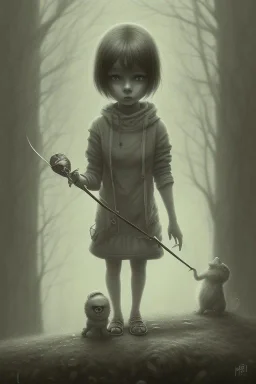 cute girl and litlle monster, Style John Kenn Mortensen,