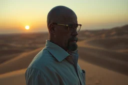 man looking like "Walter White" in breaking bad tv show, bald and goatee glasses, standing on a desert hill in Sahara in sunset, panorama picture with long shadows, he is standing a long way back perspective