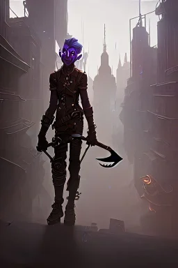 dystopian city, goblin holding an axe, steampunk style