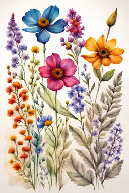 4 wildflower vibrant multi colors classic hand drawn botanical style on white paper texture