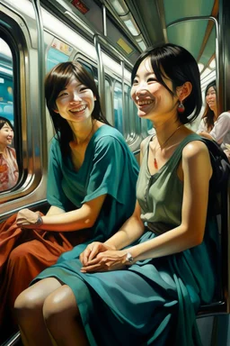 Neoclassicism 2 japanese woman smiling at other woman sitting in metro realistic cote d'azur painting colorfull