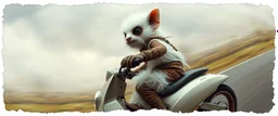 3d airbrush render, white fluffy gnome native panda elf alien dodo on insane fast scooter, pinhole cam, airbrush 3d rendering, in the style of Titian and Dali , torn edges on border, John Atkinson Grimshaw