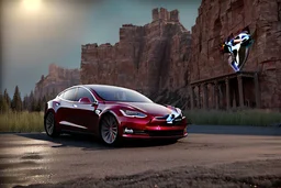 A Tesla 'Model S' is parked, near the 'Devils Tower' in Wyoming. (CINEMATIC, WIDE ANGLE LENS, PHOTO REAL)