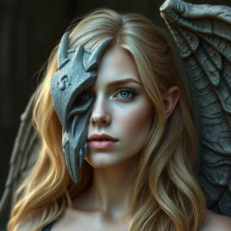 a portrait of an attractive blonde fantasy woman who is half human and half gargoyle, her face is partially made of stone, digital art