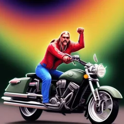 Hulk hogan riding a motorcycle across a rainbow