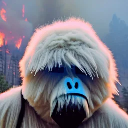 subject = (Yeti in a mask) background = (wildfires, flames, mountains, fires, smoke, disaster)