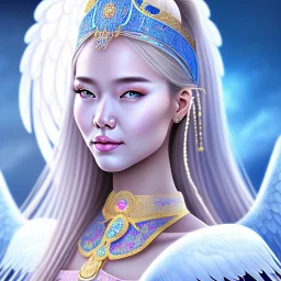 portrait of a beautiful mongolian woman with an angel face smiling,long blond hair, blue eyes, pink and blue dress, jewels, soft light aura