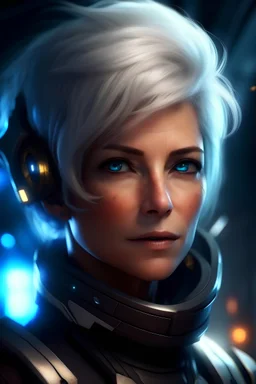 Galactic beautiful aged woman commander Ship deep blue eyed whitehaired