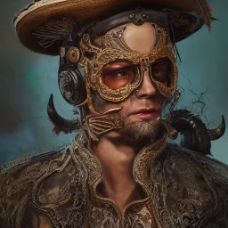 Insanely detailed photograph of an “portrait of a midevil cowboy ” with intricate Sombrero, intricate embroidered charo, beautiful clear face and hyperdetailed painting by Ismail Inceoglu Huang Guangjian and Dan Witz CGSociety ZBrush Central fantasy art album cover art,8K, hdr, romantic, mysterious, ominous, cigar smoke, jewelry, comfort, natural eyes,naked,tasteful