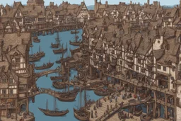 gothic medieval wooden harbour with piers and ships, people, shops, bridges, arches, balconies, taverns, blue sky