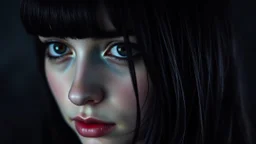 average female face, around 28 years old, dark hair, non-model face, close-up female portrait, half face, oblique plane, goth style, pale face, dark eyes, reflection in her eye, suggestive image, dark mode, only dark colors, black, dark purple, dark gray, silver, dark blue, blurred dark background, 16:9 size, artistic, dark night, creepy vibe, goth mood, raven, dark colors, shadow, mystic theme