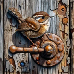 Small brown wren with intricate feathers perched on a weathered barn door, the door is cracked and rotting with a rusting handle, intricate woodgrain patterns with peeling paint, rusted bolts, deep textures, acrylic art, highly detailed