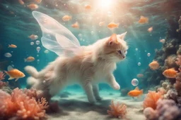 dinamycally swimming antropomorph cat fairy in the sea, fishes, corals, shells, bubbles in sunshine, ethereal, cinematic postprocessing