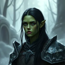 A digital illustration shoot from a portrait camera angle about a portrait of a young orc woman with dull green skin. In the middle of the image, a 20 years old orcish woman, appears to be looking at the viewer lost in thought. she has long black hair and is wearing armour. Fantasy, ice, magic, vampire