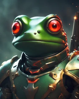 Frog Green Soldier Portrait Glow big red eye Gold Armor warrior Robotic lightning Gun Silver Smoke Dust 16k details epic rare future water nice weapon dark