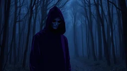 Scary creepy dark purple-aesthetic anime shadow figure male hood covering face standing in woods far away full body at night