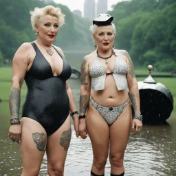 [photo by Evelyn Hofer] Tattooed Tank Girl and Madonna as middle age ladies wearing swimsuits caught in a heavy summer rain in central park, happy with no inhibitions