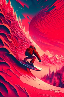 Snowboarding, psychedelic, red tones, fantasy landscape