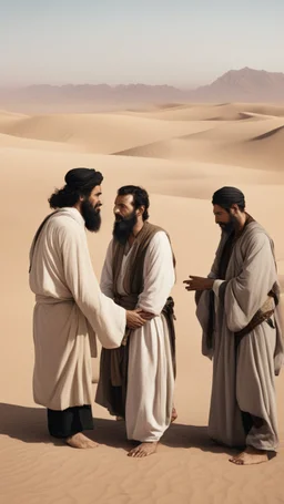 A picture of ten men, in the desert, in old Arab dress, with black hair and a thick beard, talking to each other.