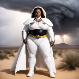 [high res photo by James Van Der Zee] a OVERWEIGHT version with additional 300 pounds of Storm in the desert, the Marvel X-men super heroine in her iconic white X-men outfit with the X on her belt standing, focus on her powers: a tornado starts