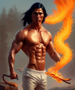 native american warrior, long black hair, dancing on top of fire, big muscles, shirtless, 8k resolution concept art portrait by Greg Rutkowski