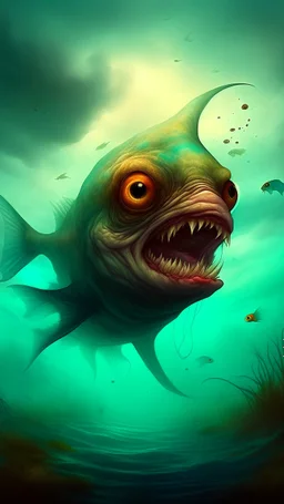 Bosch painting style, nightmare , a under the water creature looks like a bull fish with big eyes ,great quality picture with cinematic scenes , heavy clouds in the background