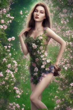 full body shot of very nice real face beautiful sexy roman with make up standing in garden of Pomegranate and pear trees blossom, The almond trees wither, It's spring and it's summer, spring with green plants covering ground.