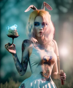 Ultra realistic wonderland photo, happy blonde Alice smoking a pipe, blue dress, white rabbit pet, circus dress style, old school tattoo, smoke, marijuana garden, glow eyes, perfect iris, soft color, highly detailed, unreal engine 5, ray tracing, RTX, lumen lighting, ultra detail, volumetric lighting, high definition.