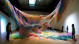 Create a large-scale textile installation using resilient and stretchy materials like elastic bands or bungee cords. Visitors can physically interact with the installation by pulling on the threads, symbolizing the struggles individuals face during addiction and their journey towards recovery. The installation should demonstrate how resilience and determination help in overcoming challenges.