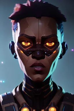 portrait,beautiful brown hair african robot, post-apocalyptic in a cyberpunk city, realistic, intriacte detail, sci-fi fantasy style, volumetric lighting, particales,highly detailed,cinamatic, deep colours,8k