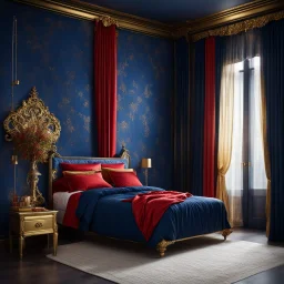 Bedroom in midnight blue, red and gold. A wide old bed and a large window with curtains