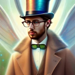 water color and spray painting fantasy art, portrait angel gentleman, dark hair,top hat, wearing glasses,holding harp, standing in portal to wet forest world from desert world with camels,poetry book illustration