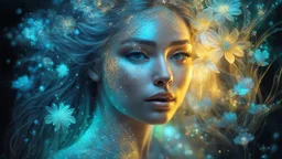 The photo is done in a bioluminescent and bioluminescent art style depicting a divine woman, Bioluminescent dewy translucent glowing skin, ethereal glowing eyes, long neck, perfect face in ultra-realistic details, flowing hair, double exposure, flower, The composition imitates a cinematic film with dazzling, gold and silver lighting effects. Intricate details, sharp focus, crystal clear skin create high detail. 3d, 64k, high resolution, high detail, computer graphics, hyperrealism, f/16, 1/300 s