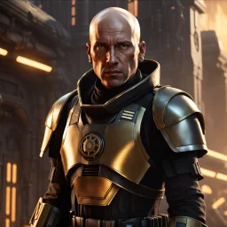 star wars bald male corellian pilot wearing pearlescent black and gunmetal grey First Order special forces heavy assault stealth commando armor and helmet with gold trim inside the jedi temple, hyperdetailed, dynamic lighting, hyperdetailed background, 8k resolution, volumetric lighting, light skin, fully symmetric details