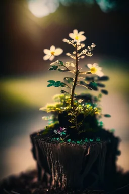 black westphalia stump with a bokeh frame of wild flowers and green leaves (((scale model photography))) westphalia in double exposure ((((low iso, double exposure, )) in sunshine