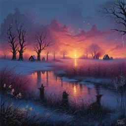 Grunge textured abstract impasto mixed media painting with dripping paint, fantastical otherworldly frozen winterscape with iridescent metallic colors, silver lines, style Amanda Clarke, Andy Kehoe, Feininger, Klimt, Klee. Reflective frozen pond, surrounded by whimsical, filigree, impressive frosted trees standing tall between extraordinary storybook houses; tendrils, grasses, cattails. Dramatic sky with stormy clouds. with mercury glass patina, glowing golden sparks, vibrant iridescent colours,