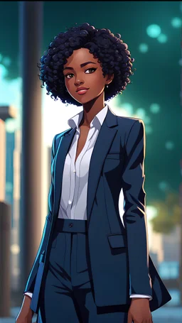 twenty year old black girl with short hairs, with a jacket and business style, full body, suit and pants, from head to toe, best quality, digital painting, 4k, sharp focus, intricate texture, skin imperfections, blank background. , interactive novel style,bokeh, professional, anime clean drawing,Your Name, 4k, highly detailed, clear lighting,