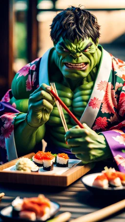 a hulk eating sushi with chopsticks, wearing a colorful kimono, moody good lighting, best quality, xt3, outdoor, beautiful light, raw photo, 8K UHD