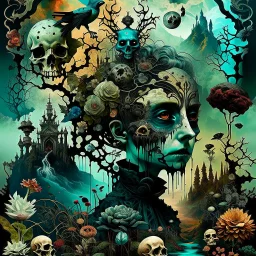 digital collage of various images and elements, such as animals faces, shadows, planets, fog, abstract symbols, mist, plants, maps, weird things, poison. The collage is composed of distorted and glitched shapes and layers, creating a sense of confusion and horror. Deep, dark colors, surreal mood, The images and elements are related to the themes of surrealism, paranoia, thriller and conspiracy, nightmare.