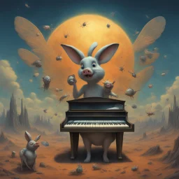 bugs bunny composer piano, diffrent planet, one swine pig piggy flying wasp angel, beksinski style