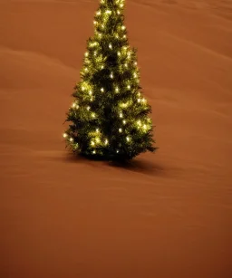 sandy festive Christmas tree in a vast desert with dunes