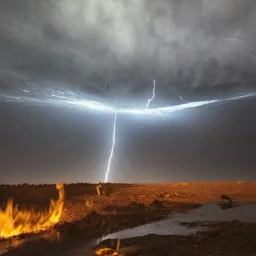 doom scenary. Heavy rain. Epic Lighting in the sky. Knight with magic scroll. Falling meteorite from the sky. Meteorite burning in the distance. Dark mud.